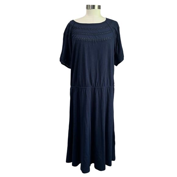 Talbots Navy Blue Eyelet Slub Knit Fit & Flare Elastic Waist Dress Plus Size 1X - Picture 2 of 10